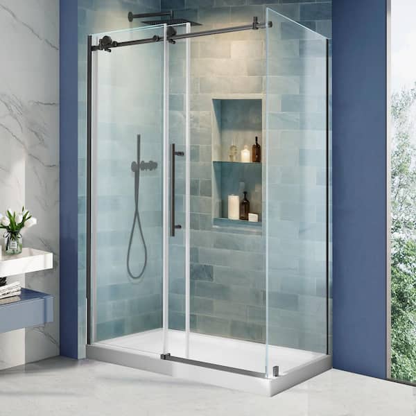 44-48 in. W x 32 in. D x 72 in. H Frameless Corner Sliding Shower Door Enclosure in Matte Black 3/8 in. Clear Glass
