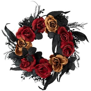 22- Inch Red and Gold Roses with Black Foliage Unlit Halloween Wreath