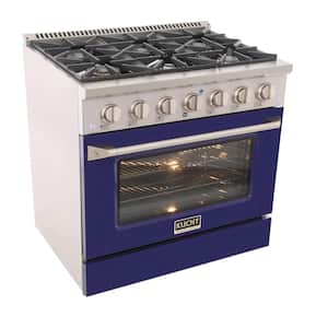 36 in. 5.2 cu. ft. LP Ready Dual Fuel Range with Gas Stove and Electric Oven with Convection Oven in Blue