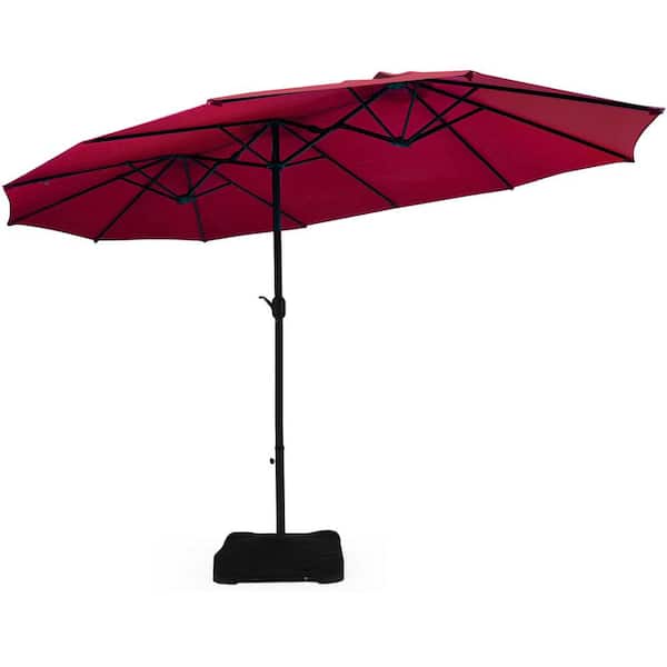 Costway 15 ft. Market Double Sided Outdoor Patio Umbrella in Burgundy with Crank and Base