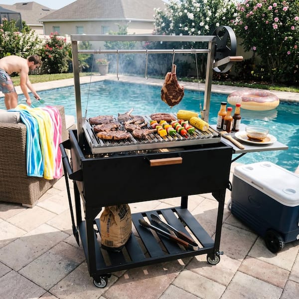 FUFU&GAGA Large Charcoal Grill Cart in Black with Firebricks