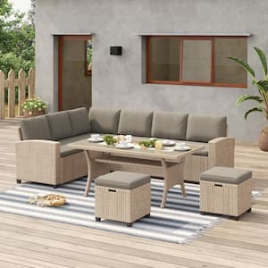 Leonore 5-Piece Rattan Wicker Outdoor Sofa Set with Tan Cushions