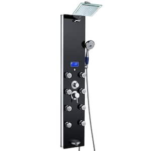 52 in. 8-Jet Shower Panel System in Black Tempered Glass with Rainfall Shower Head Hand Shower (Valve Included)