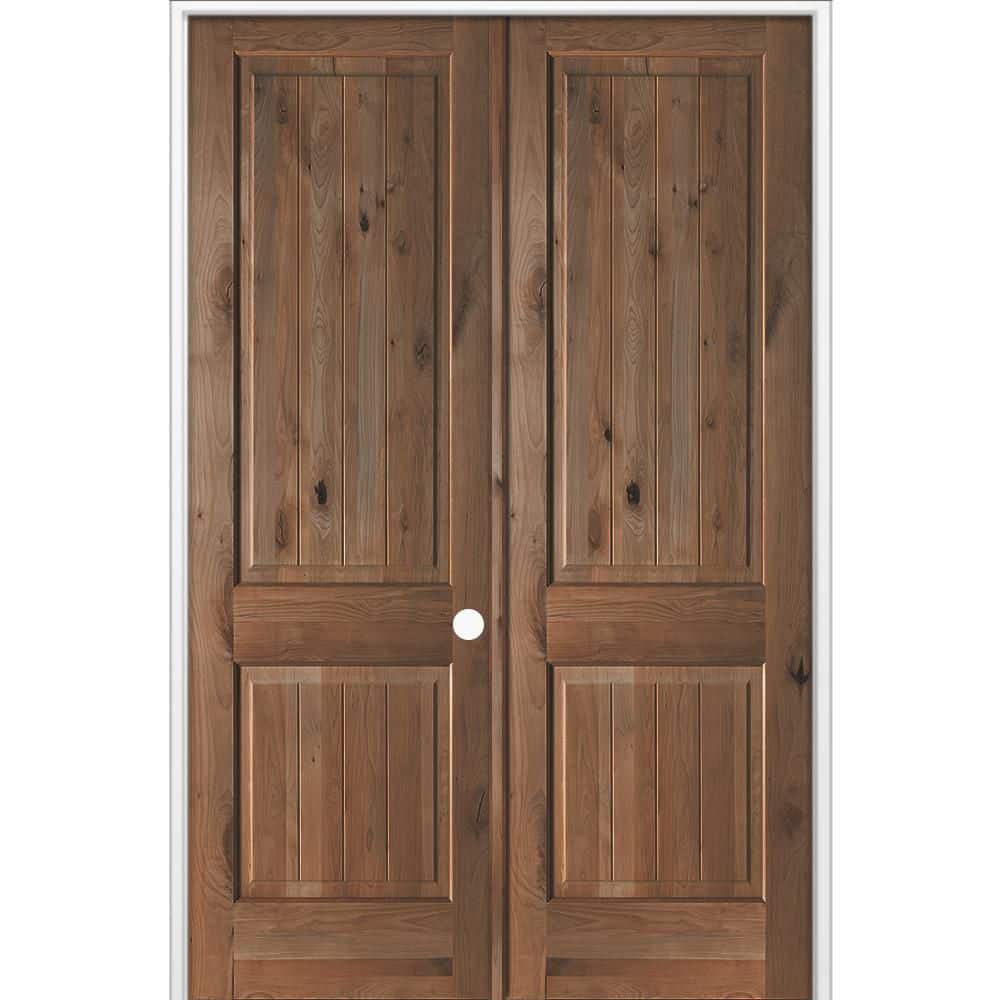 60 in. x 96 in. Knotty Alder 2-Panel V-Groove Solid Wood Left-Active BEHR True Black Stain Double Prehung Interior Door price history on PriceWatchPro
