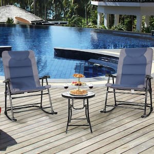 Black 3-Pieces Metal Outdoor Bistro Set with Blue and Gray Cushions
