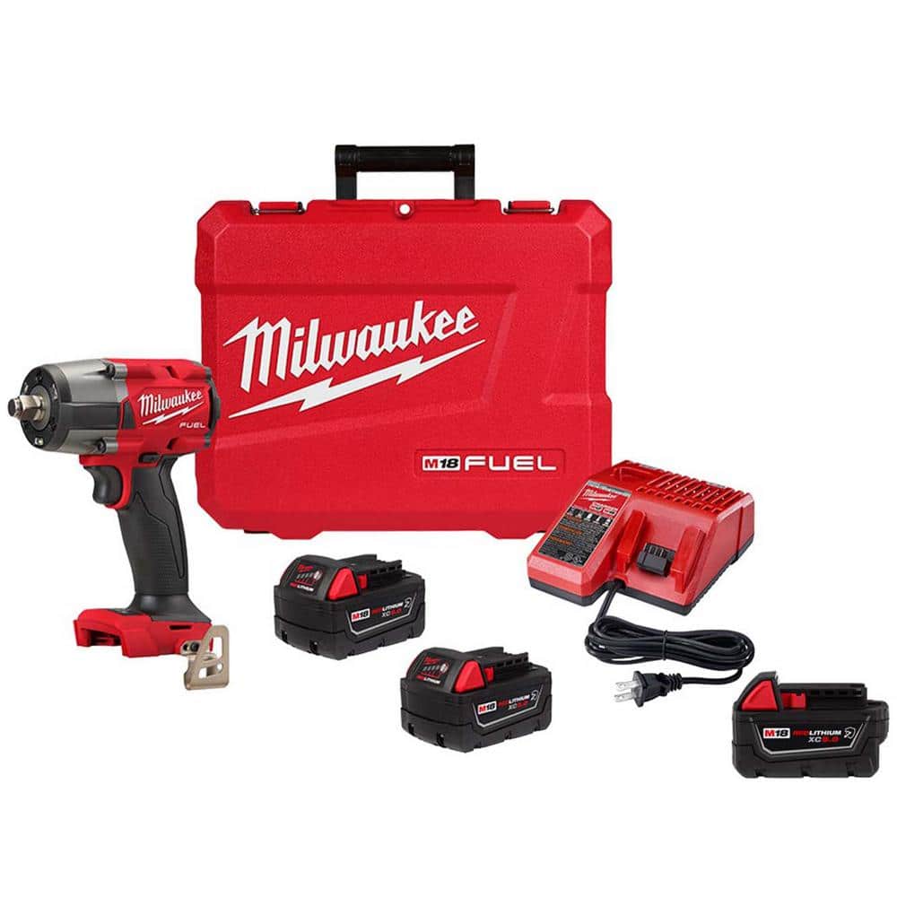 Milwaukee M18 FUEL 18-Volt Lithium-Ion Brushless Cordless 1/2 in. Mid-Torque Impact Wrench w/F Ring Kit, (3) Resistant Batteries -  2962-22R-48