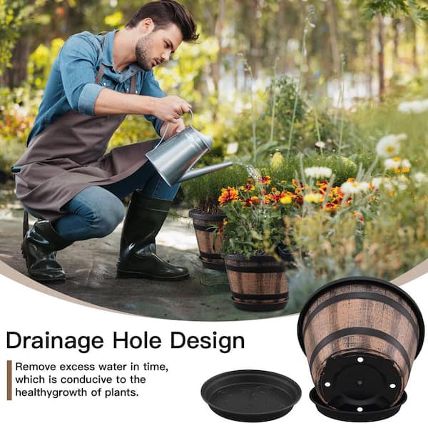 SenQWFa 10 in. Dia x 7 in. H 4.5 qts. Brown Round Whiskey Barrel Planter with Drainage, Plastic Flower Pots (3-Pack)
