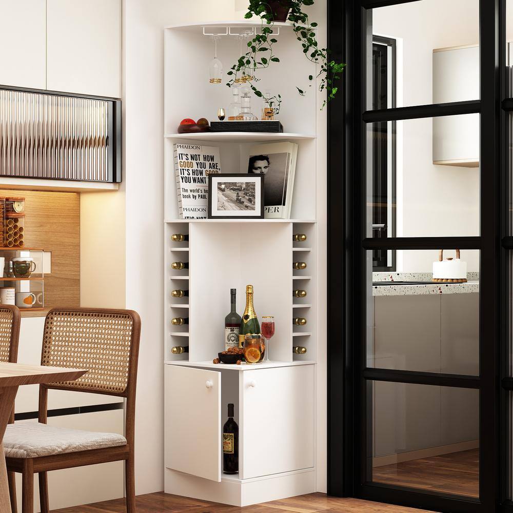 FUFU&GAGA White Wooden Corner Wine Bottle, Glasses Storage