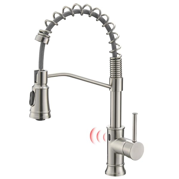 Single Handle Pull Out Sprayer Automatic Smart Kitchen Faucet in Brushed Nickel