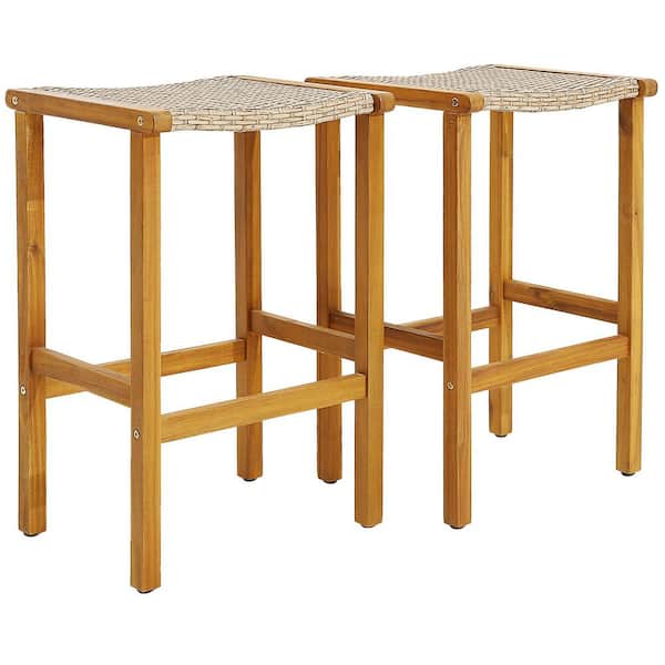 Costway Patio PE Wicker Outdoor Bar Stools with Acacia Wood Frame Bar Height Chairs Poolside (2-Pack)