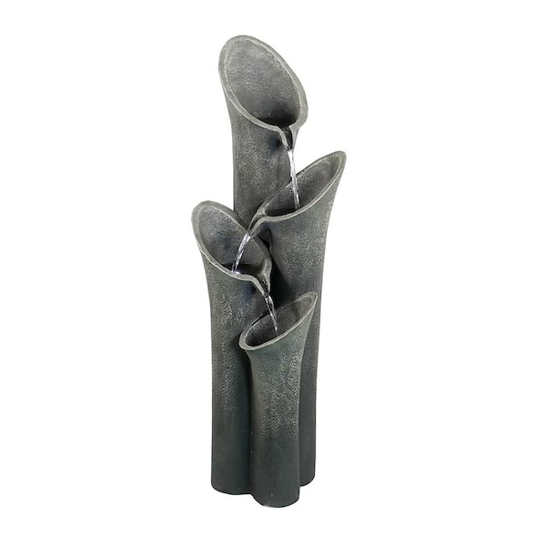 Afoxsos 33.5 in. H Resin 4-Tier Antique Gray Cascading Floor Fountain Outdoor Waterfall Feature with LED Lights for Garden Decor