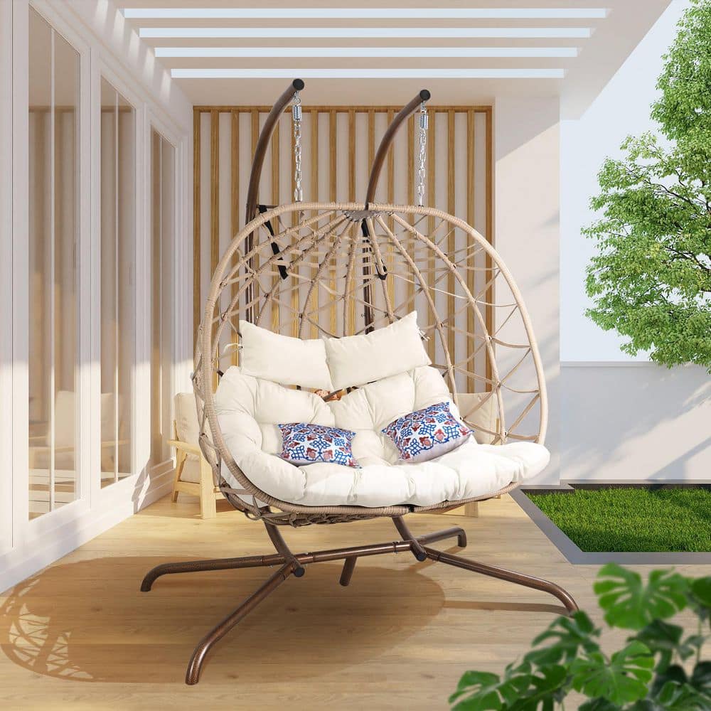 NOBLEMOOD 58.6 in. 2-Person Brown Metal Patio Swing with Stand and Cushions Outdoor Egg Swing Chair, Biege YA2039MB - The Home Depot