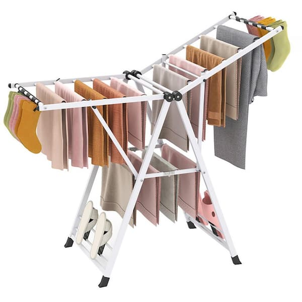 55.5 in. W x 12 in. D x 58 in. H White Metal Free Standing Drying Rack with Adjustable Wings