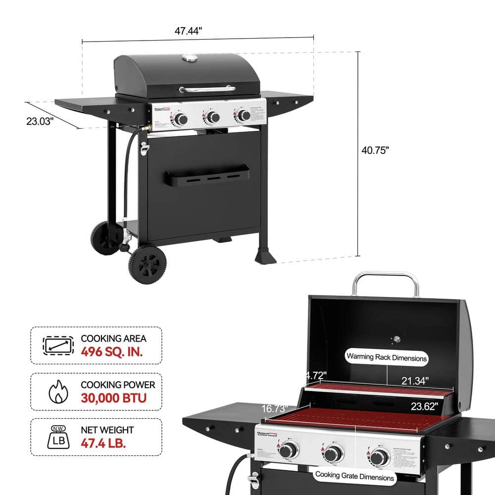 Royal Gourmet 3-Burner Black Propane Gas Grill with Stainless Steel