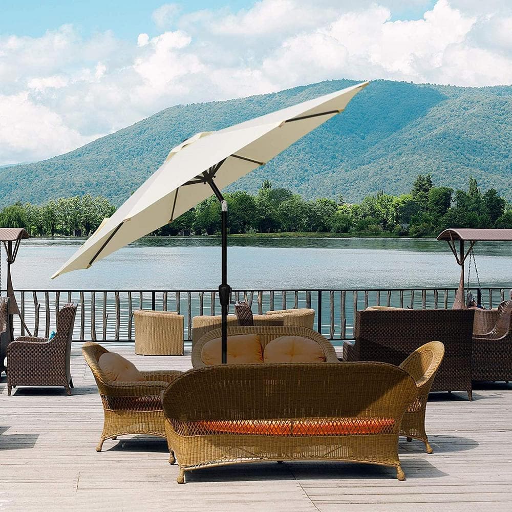 9ft Beige Outdoor Market Table Patio Umbrella with Button Tilt, Crank and 8