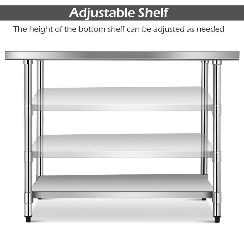 48" Silver Stainless Steel Kitchen Worktable with Storage Shelf