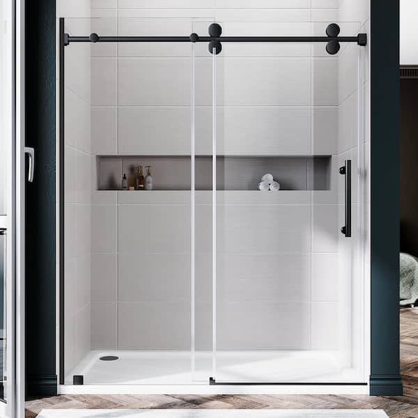 UNIKOO UKS04 56 to 60 in. W x 80 in. H U-Channel Sliding Frameless Shower Door in Matte Black, EnduroShield 3/8 in. Clear Glass