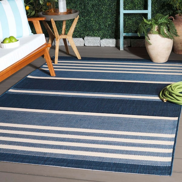 Courtyard Navy Blue/Beige 5 ft. x 8 ft. Striped Contemporary Indoor/Outdoor Area Rug