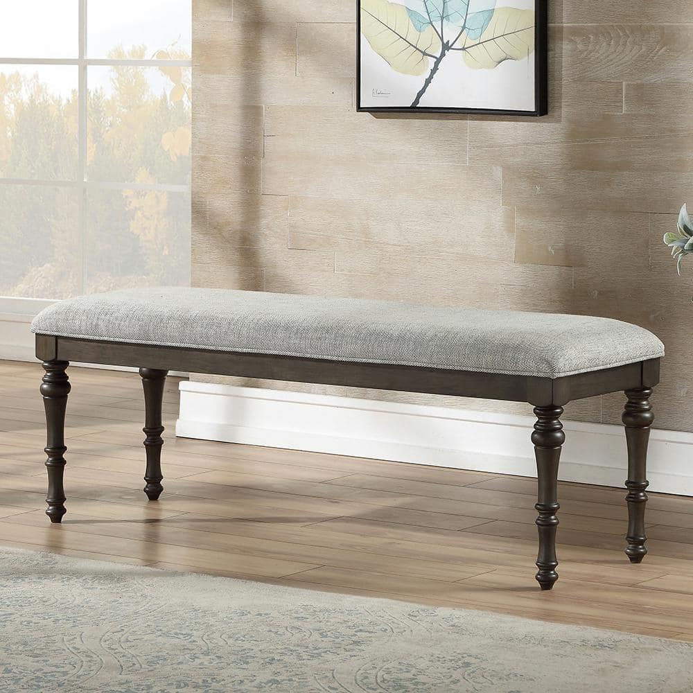 Transitional Linnett 54" Upholstered Bench in Gray Linen
