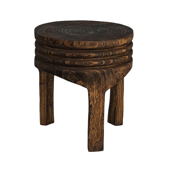 Storied Home 15.75 in. Charred Finish Backless Paulownia Wood Carved Stool
