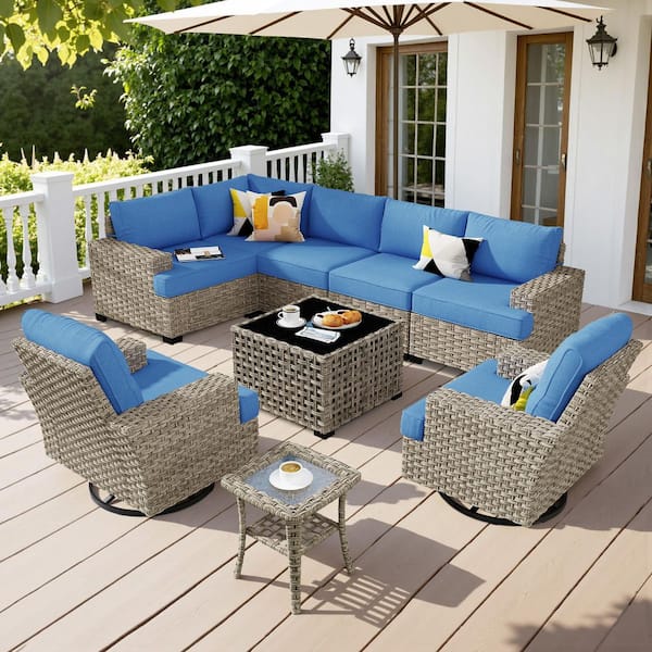 XIZZI Eunoia 9-Pieces Wicker Patio Conversation Seating Sofa Set with Diamond Blue Cushions and Swivel Rocking Chairs