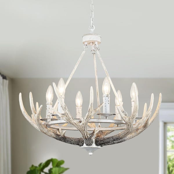 6-Light Beige Gray Antique Rustic Antler Chandelier Farmhouse Wagon Wheel Pendant Light for Dining Room