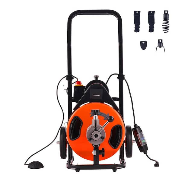 Drain Auger Cleaner 75 ft. x 3/8 in. Sewer Snake Machine AutoFeed with 4 Cutters and Foot Switch for 1 in. x 4 in. Pipe