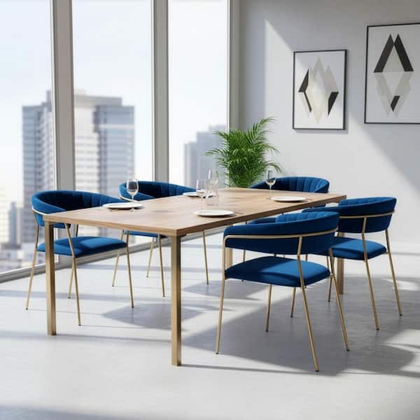 Glamour Home Anya Blue Velvet Arm Chair with Golden Metal Legs (Set of 2)