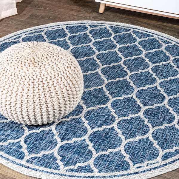 JONATHAN Y Trebol Navy/Gray 5 ft. Moroccan Trellis Textured Weave Indoor/Outdoor Round Area Rug