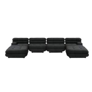 146.4 in. Square Arm Teddy Velvet 6-Piece Deep Seat Modular Sectional Sofa with Movable Ottoman in Black