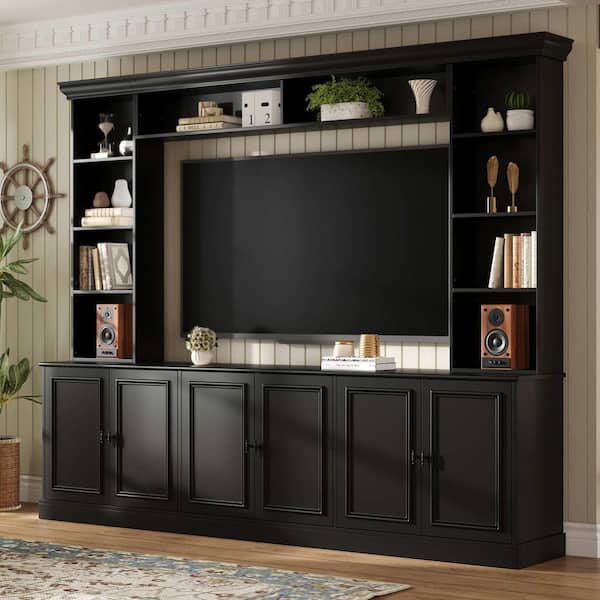 Black TV Stand Entertainment Center Fits TV's up to 70 in. with Bookshelf, Bridge and Adjustable Shelf