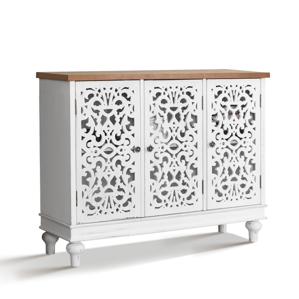 White 3-Door Carved Wood Sideboard with Adjustable Shelving