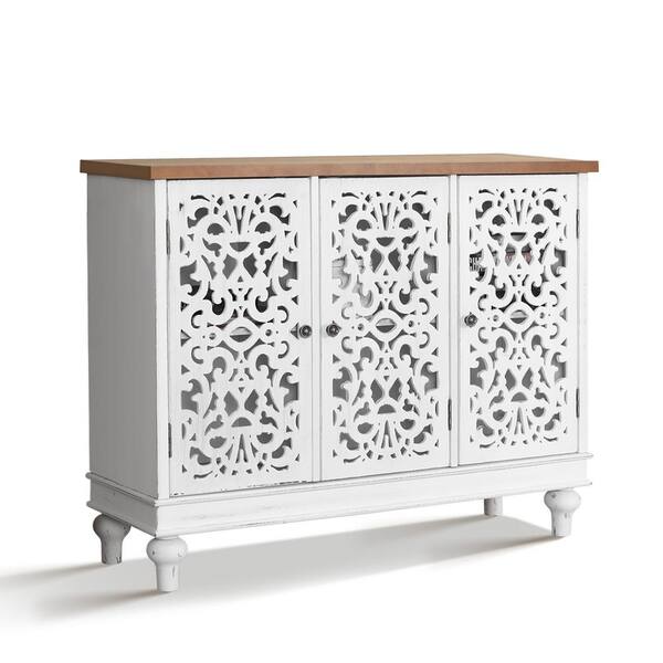 PHI VILLA White Hollow-Carved Cabinet with 3-Door THD-IF-504 - The