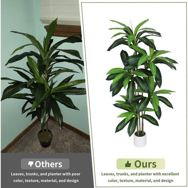 5 ft. Artificial Dracaena Tree Indoor Faux Yucca Plant with Lifelike Trunk  and Leaves in White Planter 59B1124C2114 - The Home Depot