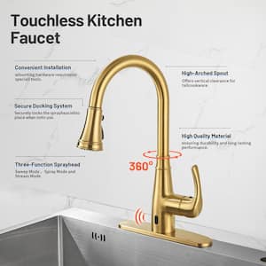 Touchless Single Handle Gooseneck Pull Down Sprayer Kitchen Faucet with Deckplate Included and Handles in Gold