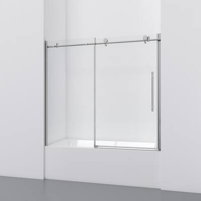 60 in. W x 59 in. H Sliding Frameless Tub Door in Stainless Steel with Handle and Clear Glass