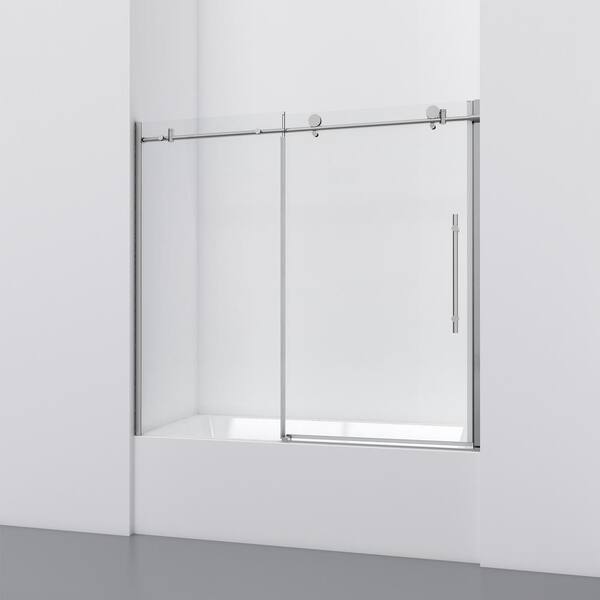 Hlihome 60 in. W x 59 in. H Sliding Frameless Tub Door in Stainless Steel with Handle and Clear Glass
