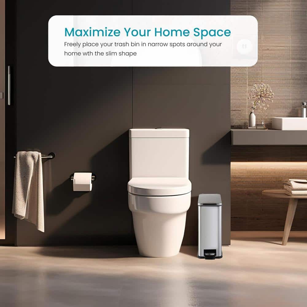 Slim Rectangular Silver Stainless Steel Step-On Trash Can
