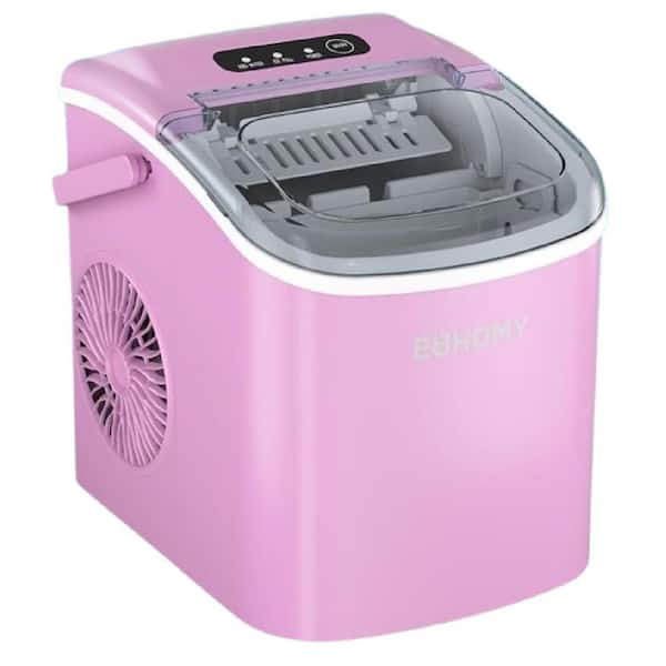 Adrinfly 8.74 in. 26 lbs. Stainless Steel Bullet Countertop Portable Ice Maker Machine with Handle, Basket and Scoop, Pink