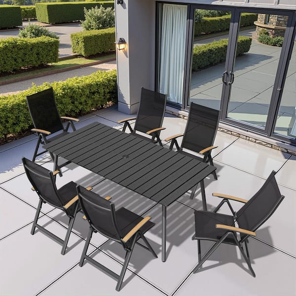 7-Piece Black 70 in. Aluminium Wood-Like Rectangle Outdoor Dining Set with Umbrella Hole and Foldable Recliner Chairs