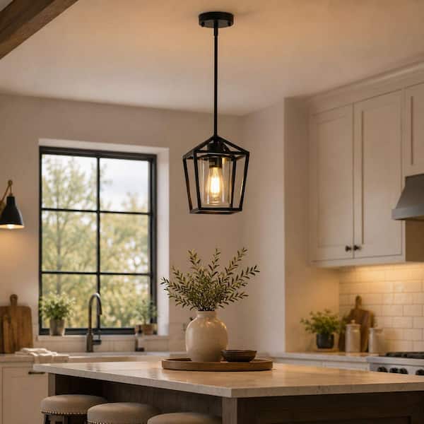 1-Light Matte Black Farmhouse Cage Pendant Light with Clear Cylinder Glass Shade for Dining Room and Kitchen Island