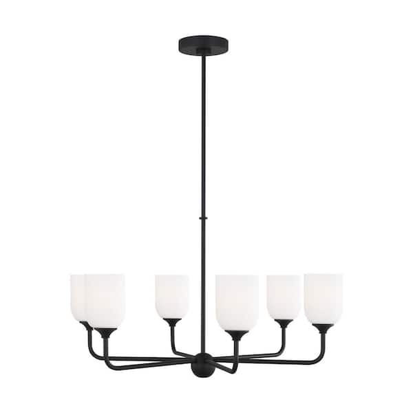 Generation Lighting Emile Large 6-Light Midnight Black Chandelier with Etched White Glass Shades