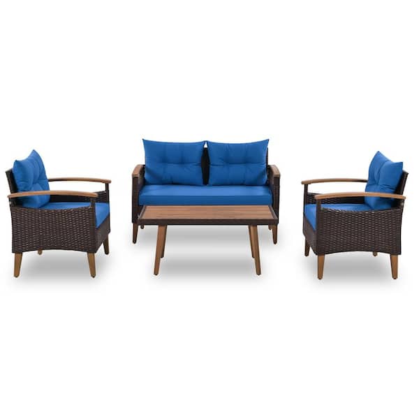 Nestfair Brown 4-Piece Wicker Patio Conversation Set with Blue Cushions