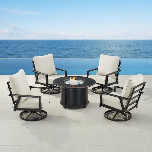 Oakland Living Black 7-Piece Aluminum Patio Fire Pit Set with 4-Club Chairs Light Grey Cushions