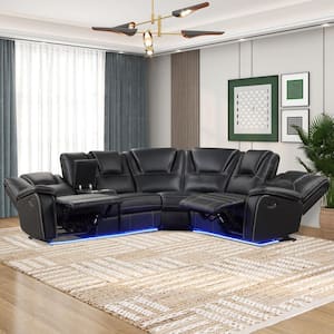103 in. Square Arm 3-Piece Faux Leather Curved Sectional Sofa in Black with Reclining