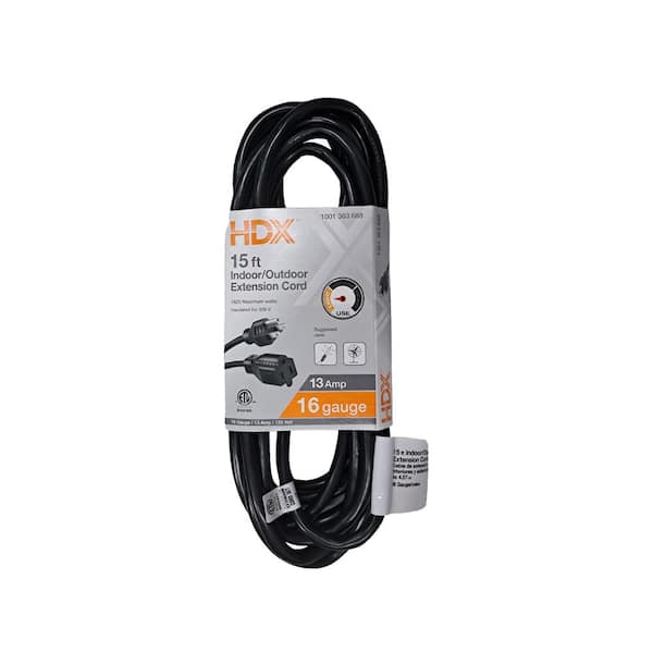 HDX 15 ft. 16/3 Indoor/Outdoor Extension Cord, Black