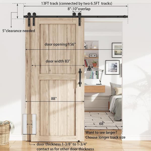 13 ft./156 in. Single Track Bypass Sliding Barn Door Hardware Kit for Double Doors Low Ceiling 13 ft./156 in. Single Track Bypass Sliding Barn Door Hardware Kit for Double Doors Low Ceiling