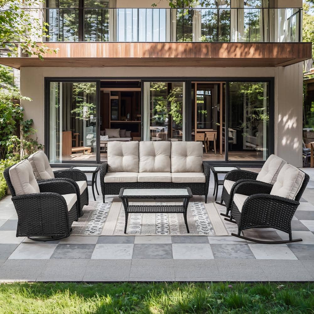 Black 8-Piece Wicker Patio Conversation Set with Swivel Rockers, Outdoor Sofa Seating Set with Olefin Beige Cushions price history on PriceWatchPro