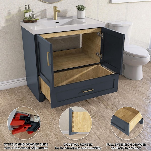 36 in. Solid Wood Single Sink Bath Vanity Navy Blue Freestanding Bathroom Cabinet with White Solid Surface Top & Basin