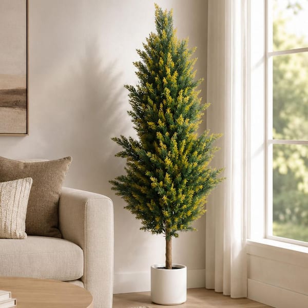 Faux 4.9 ft. Artificial Cedar Tree in Upgraded White Pot for Indoor and Outdoor Decor No Maintenance